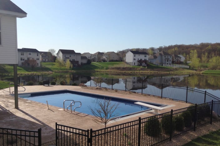 backyard pool with diving board next to pond.