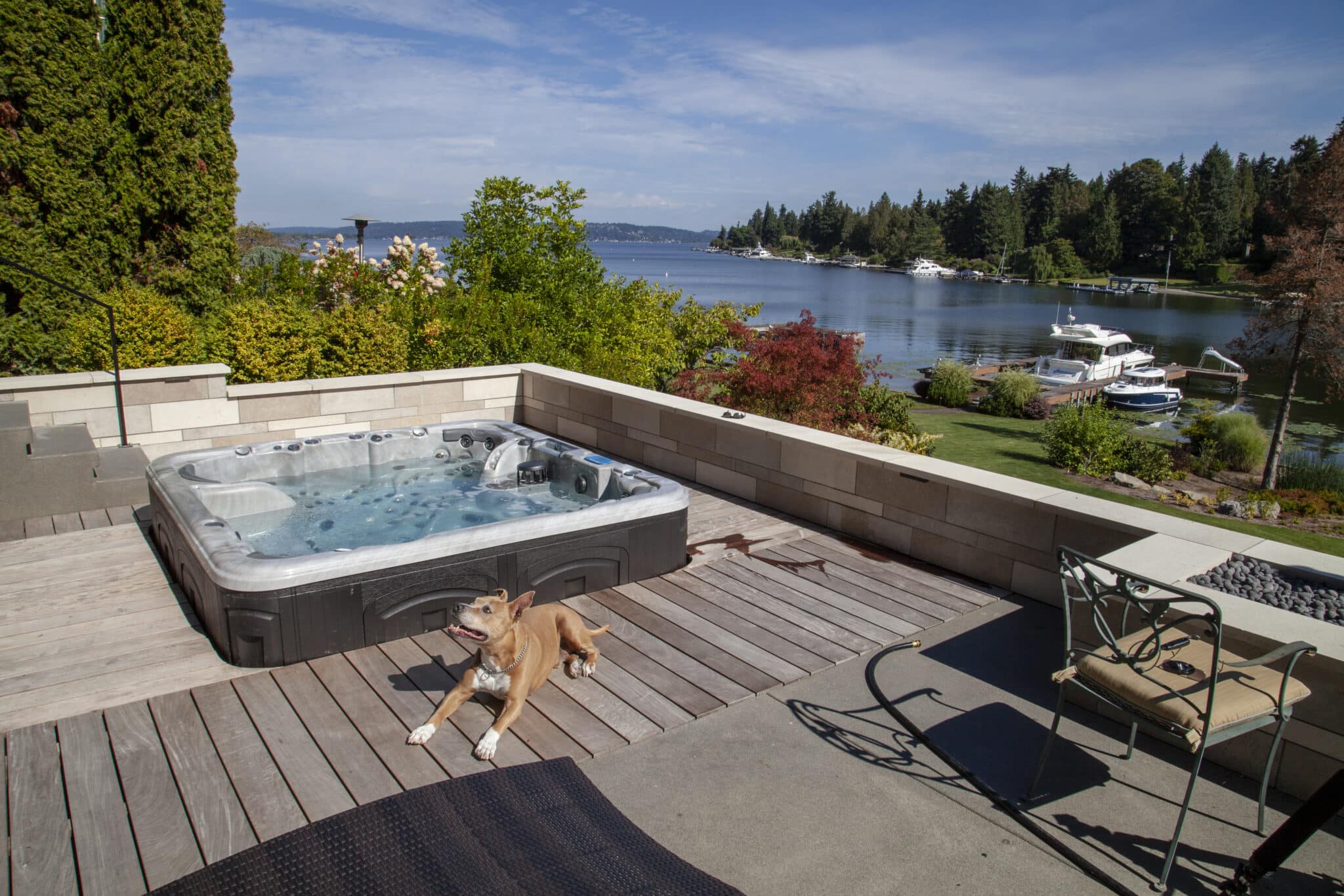 dog laying next to hot tub.